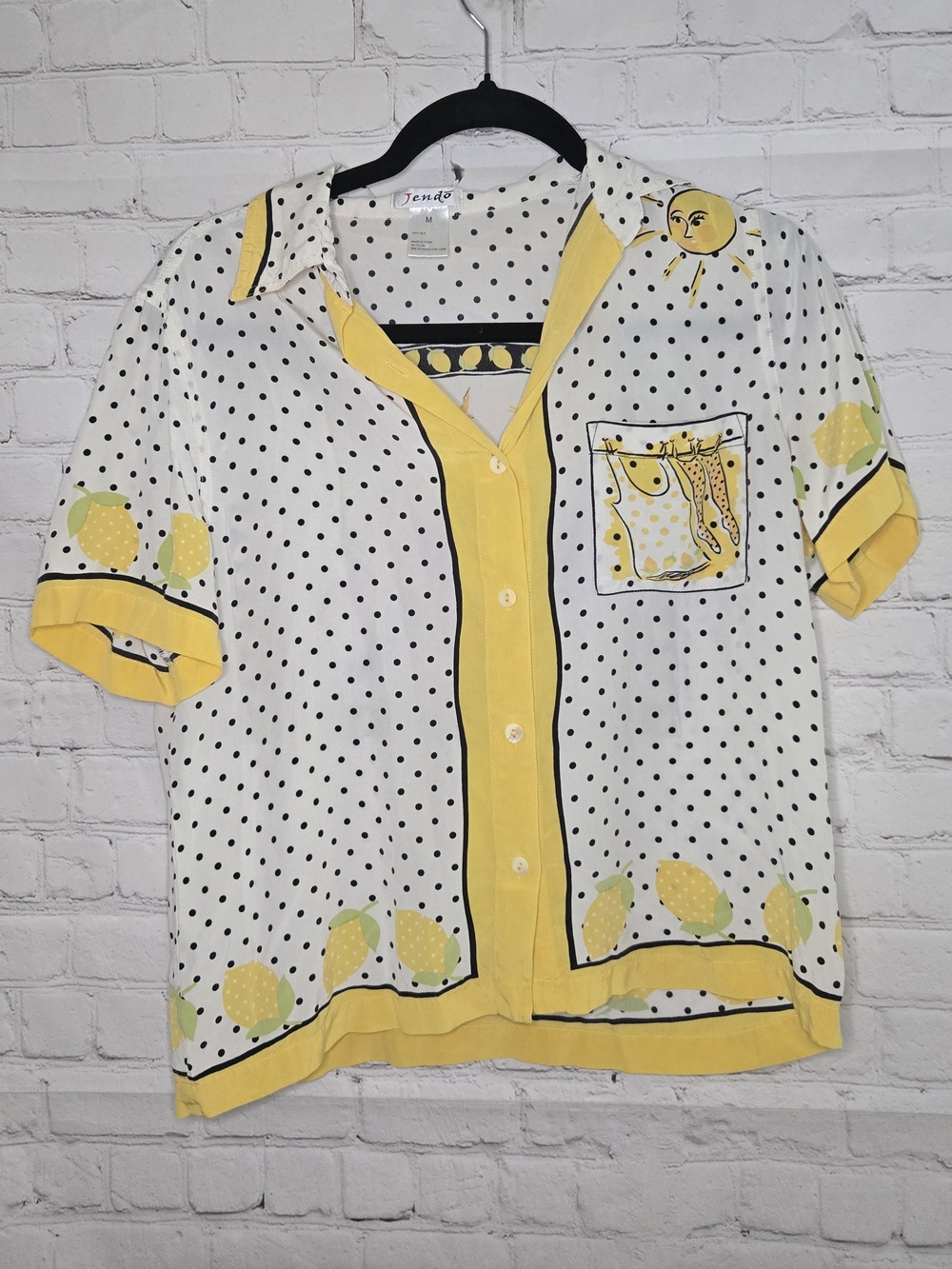 Vtg Jendo Silk Lemon Sun Print Polka Dot Blouse Whimsical Novelty CottageCore